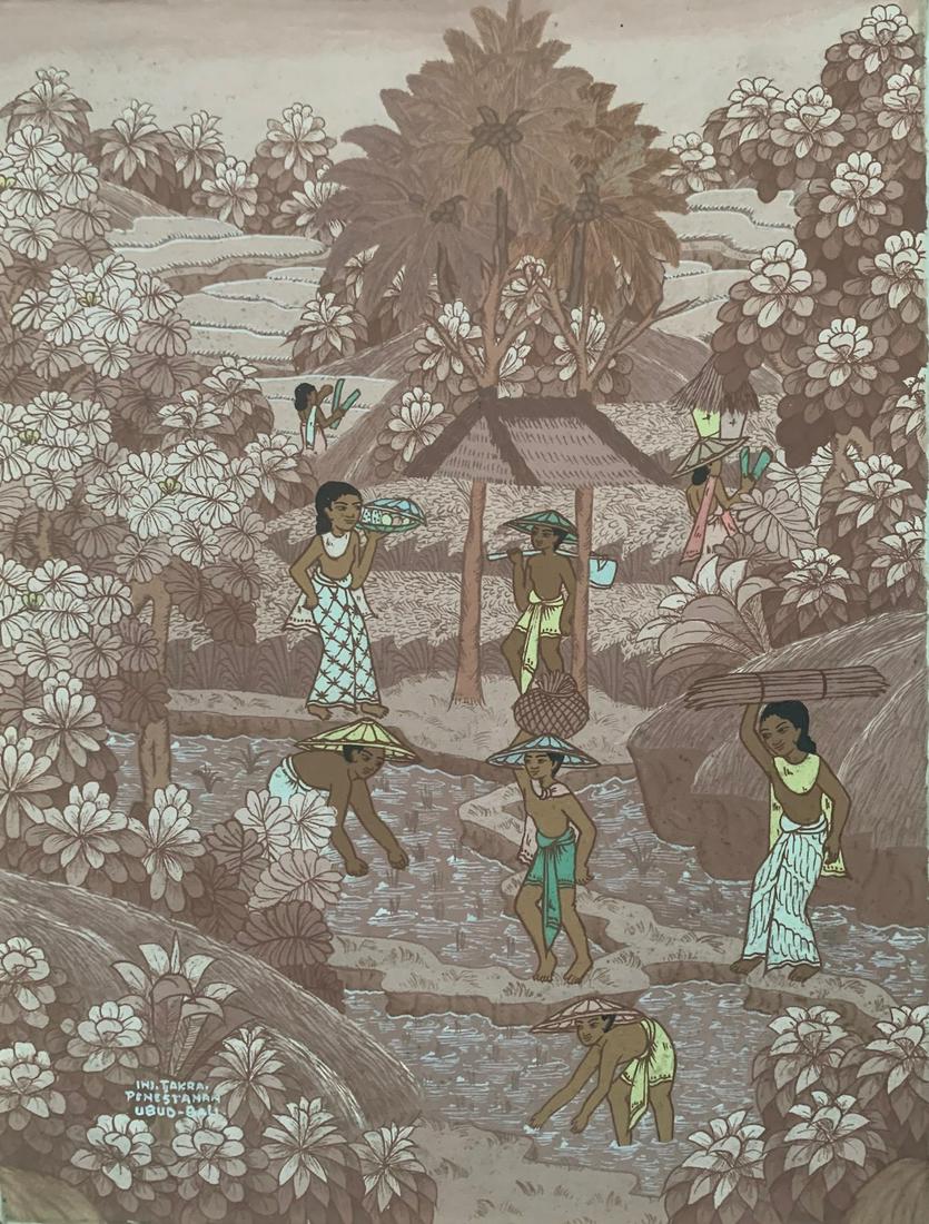 Balinese, oil painting, Tjakra, young artist: I Nyoman Tjakra, oil on canvas, signed, 17 1/2 x 13 1/2", Balinese, Young Artist School. For much of the late 1940's and 50's Indonesia as a whole laid aside art for politics. A new burst of creative 