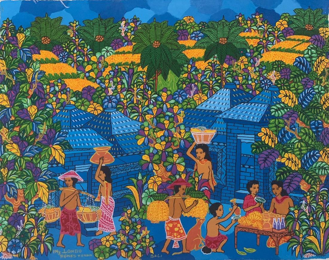 Balinese, oil painting, Londo, young artist: I Nyoman Londo, oil on canvas, signed, 13 2/3 x 17 1/2", Balinese, Young Artist School. For much of the late 1940's and 50's Indonesia as a whole laid aside art for politics. A new burst of creative e