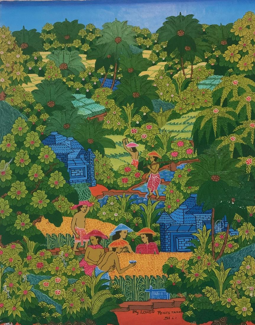 Balinese, oil painting, Londo, young artist: I Nyoman Londo, oil on canvas, signed, 17 1/2 x 14", Balinese, Young Artist School. For much of the late 1940's and 50's Indonesia as a whole laid aside art for politics. A new burst of creative energ