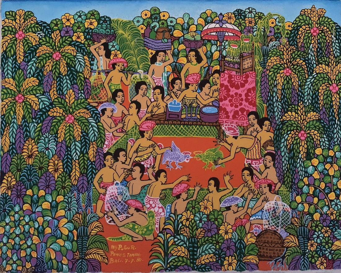 Balinese, oil painting, Pugur, young artist: I Wayan Pugur, oil on canvas, signed, 13 2/3 x 16 2/3", Balinese, Young Artist School. For much of the late 1940's and 50's Indonesia as a whole laid aside art for politics. A new burst of creative en