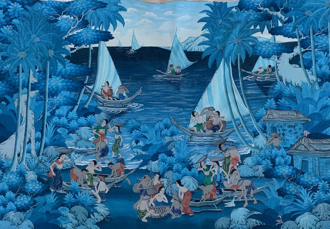Balinese, oil painting, Kaler, young artist: Wayen Kaler, oil on canvas, signed, 25 1/2 x 17 1/2", Balinese, Young Artist School. For much of the late 1940's and 50's Indonesia as a whole laid aside art for politics. A new burst of creative ener