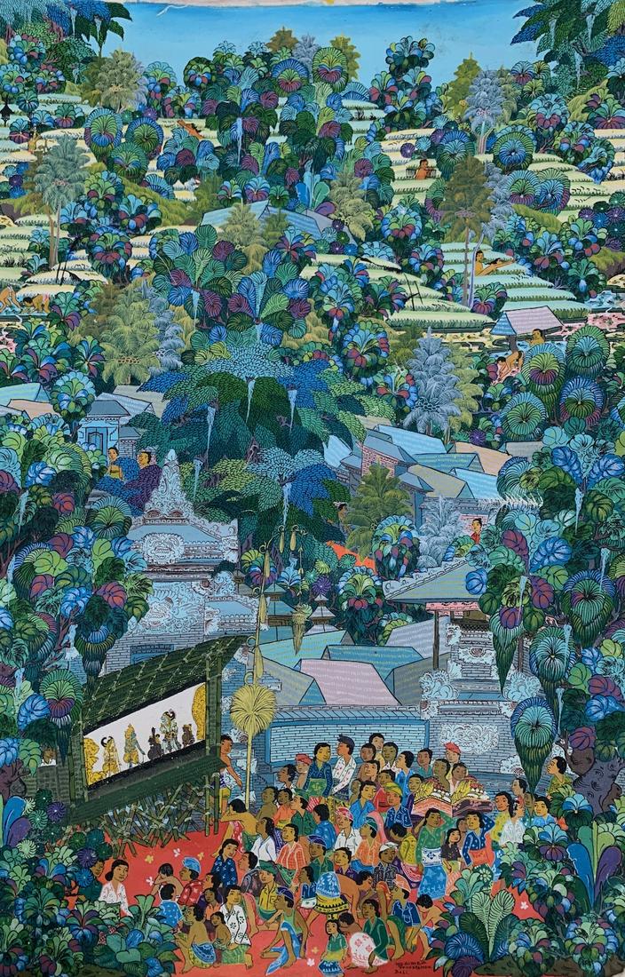 Balinese, oil painting, Gerebig, young artist: Nyoman Gerebig, oil on canvas, signed, 25 1/2 x 17 1/2", Balinese, Young Artist School. For much of the late 1940's and 50's Indonesia as a whole laid aside art for politics. A new burst of creative e