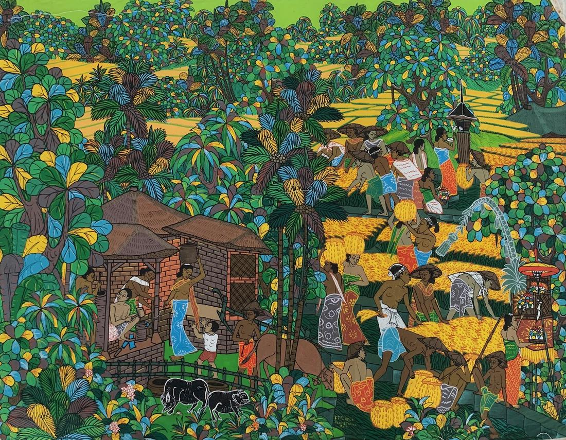 Balinese, oil painting, Punduh, young artist: Ketut Punduh, oil on canvas, signed, 25 1/2 x 17 1/2", Balinese, Young Artist School. For much of the late 1940's and 50's Indonesia as a whole laid aside art for politics. A new burst of creative ene