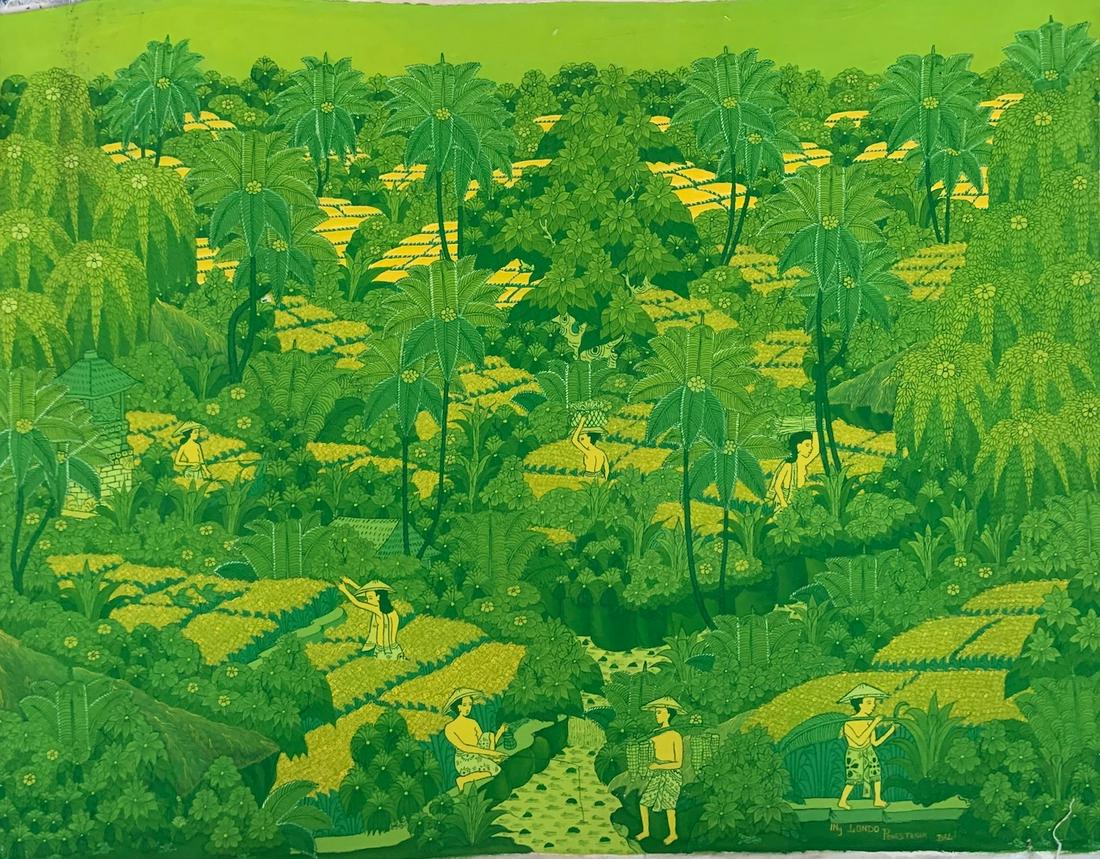 Balinese, oil painting, Londo, young artist: I Nyoman Londo, oil on canvas, signed, 25 1/2 x 17 1/2", Balinese, Young Artist School. For much of the late 1940's and 50's Indonesia as a whole laid aside art for politics. A new burst of creative e