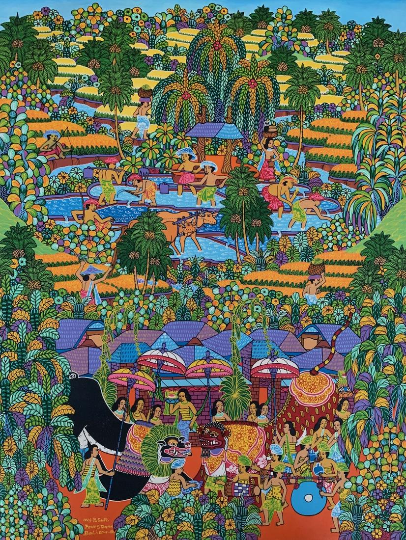 Balinese, oil painting, Pugur, young artist: I Wayen Pugur, oil on canvas, signed, 25 1/2 x 17 1/2", Balinese, Young Artist School. For much of the late 1940's and 50's Indonesia as a whole laid aside art for politics. A new burst of creative en