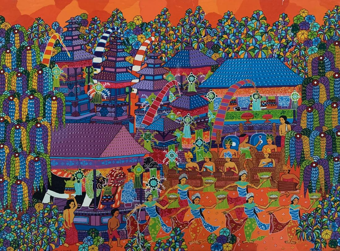Balinese, oil painting, Londo, young artist: I Nyoman Londo, oil on canvas, signed, 25 1/2 x 17 1/2", Balinese, Young Artist School. For much of the late 1940's and 50's Indonesia as a whole laid aside art for politics. A new burst of creative e