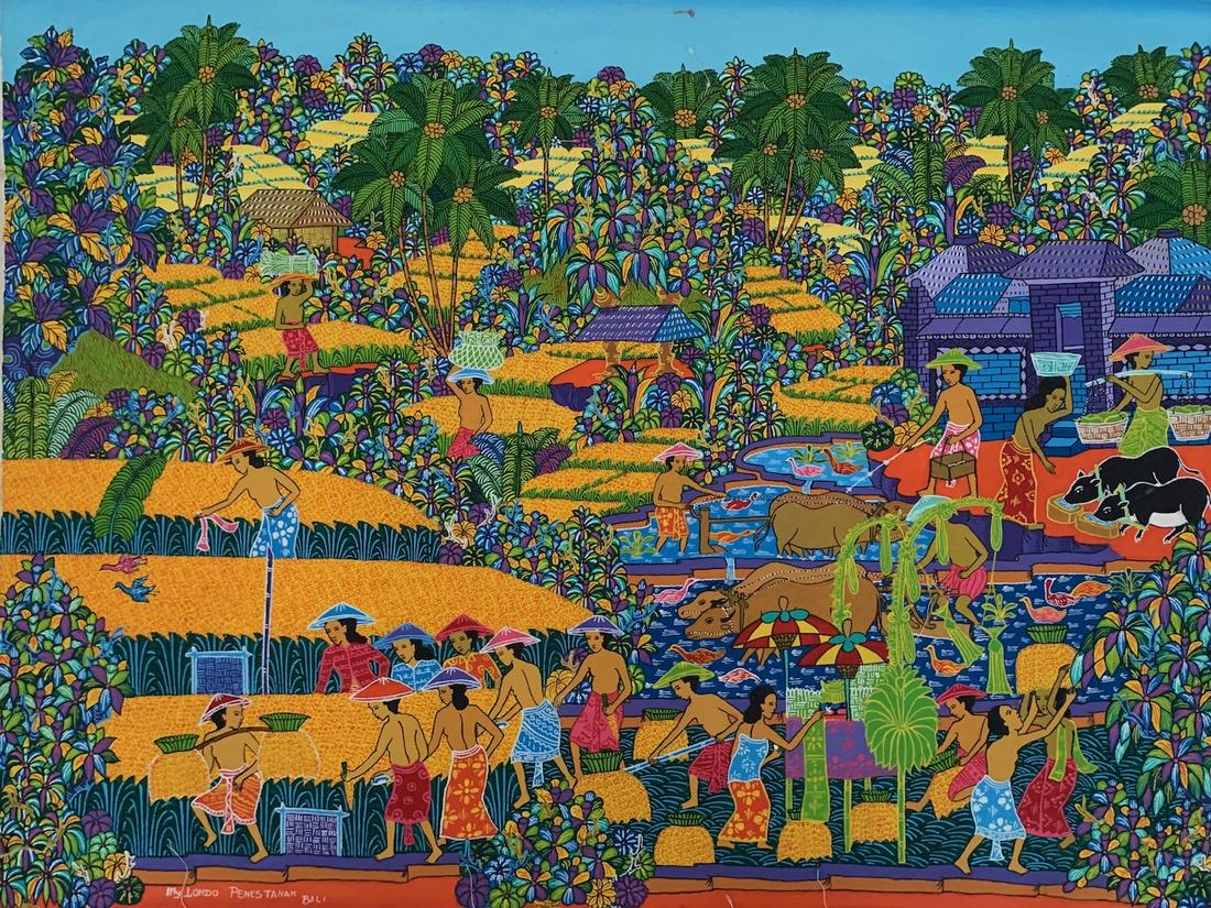 Balinese, oil painting, Londo, young artist: I Nyoman Londo, oil on canvas, signed, 25 1/2 x 17 1/2", Balinese, Young Artist School. For much of the late 1940's and 50's Indonesia as a whole laid aside art for politics. A new burst of creative e