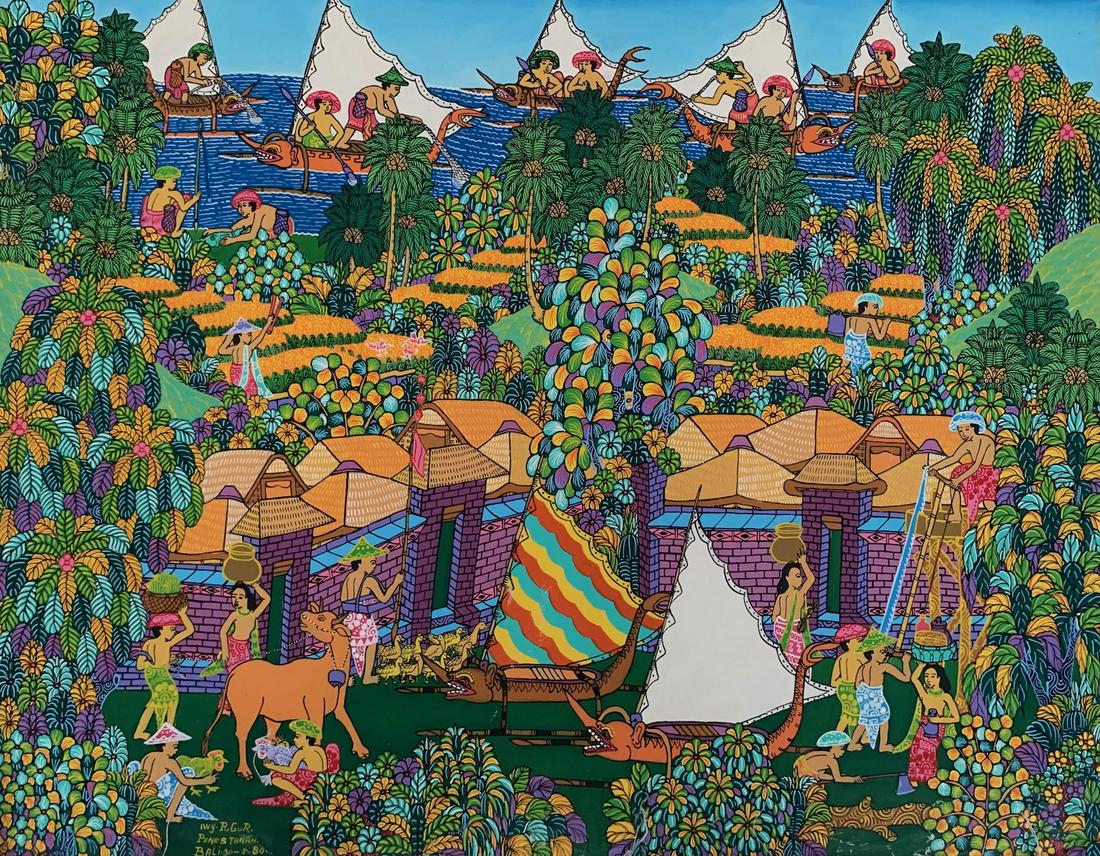 Balinese, oil painting, Pugur, young artist: I Wayan Pugur, oil on canvas, signed, 25 1/2 x 17 1/2", Balinese, Young Artist School. For much of the late 1940's and 50's Indonesia as a whole laid aside art for politics. A new burst of creative en