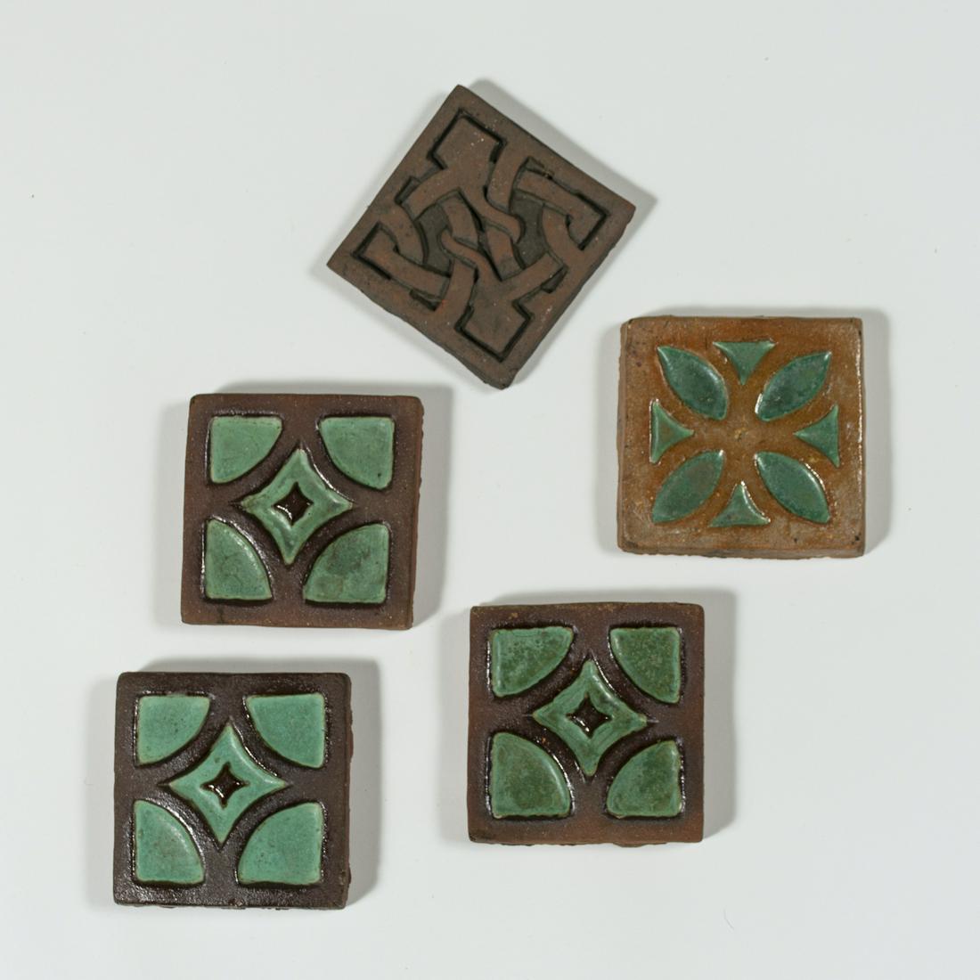 Enfield Art Pottery Tiles (5 pcs.): Enfield, PA, ca. 1920. Five pieces, 3 matching, the unglazed tile with impressed mark on reverse, all 4 x 4"