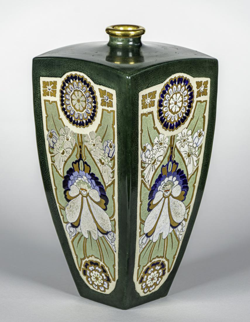Spectacular American Satsuma Art Nouveau Pottery Vase: Decorated at the Ursuline Convent, Cincinnati, ca. 1920 on a Japanese Satsuma Pottery blank. Intricate floral designs, labeled history to base. Maria Longworth Storer of the nearby Rookwood Pottery pa