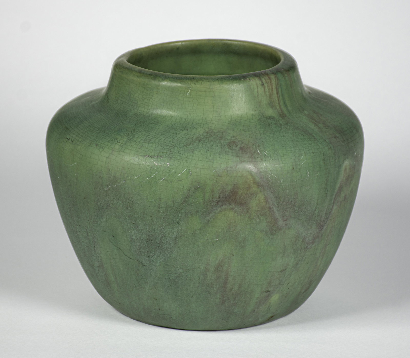 Roseville Carnelian I Art Pottery Vase: Mint and raspberry swirled matte glaze, unmarked, 8.5 x 10"