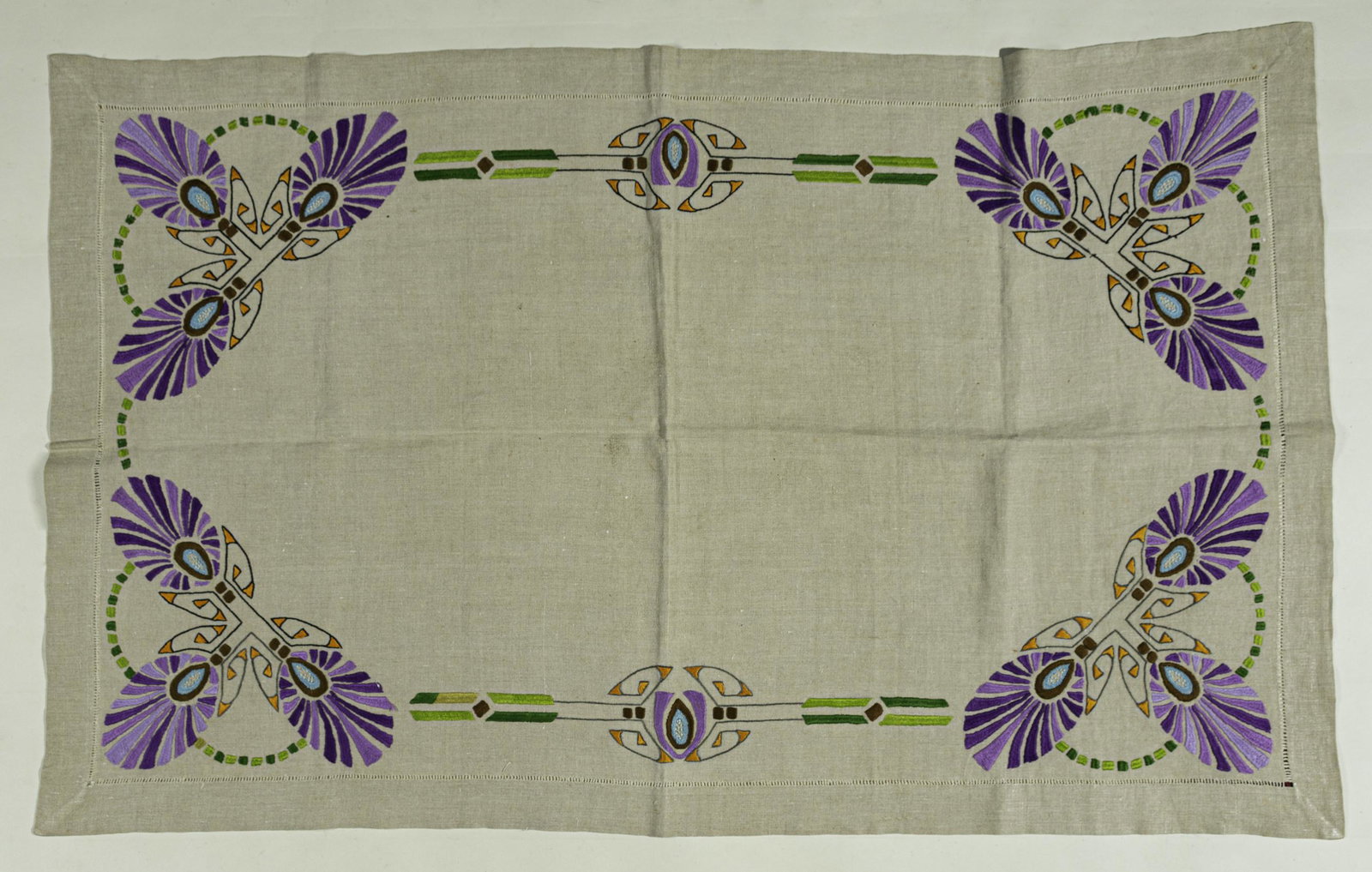 Secessionist Embroidered Linen Textile: Arts and Crafts secessionist table linen, embroidered with bright vibrant colors, ca. 1900, 27 (H) x 43" (L)