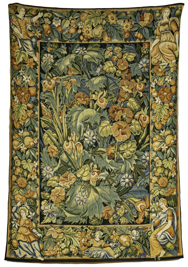 Medieval Style Flemish Woven Tapestry: France or Belgium, 20th c. Wool with cotton back, embroidered with five figures, fruit and flowers, signed bottom right. 77 x 54"