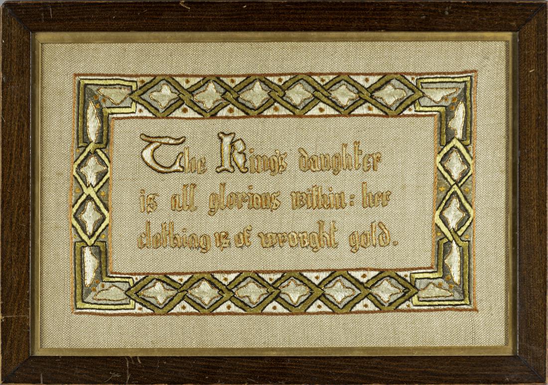 English Arts & Crafts Embroidered Motto: By Margaret Holden, Liverpool, 1912. Wrought in silk and metallic gold thread on linen, "The kings daughter is all glorious within: her clothing is of wrought gold" from Psalm 45:13, framed, signed an