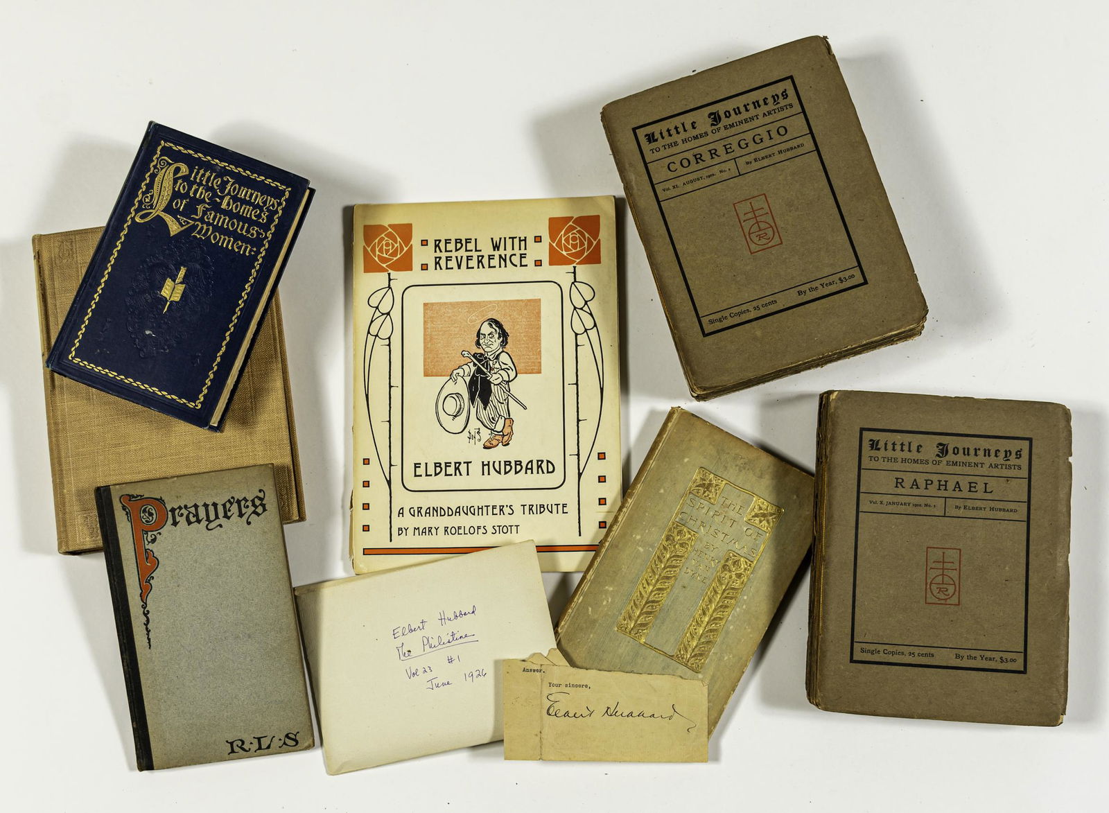 Roycroft Press and other Arts & Crafts Books (22 pcs.): 1. "Prayers" by Robert L. Stevenson, The Merrymount Press, 1905; 2. "The Spirit of Christmas" by Henry Van Dyke, The Trow Press, 1905; 3. "Rebel With Reverence, Elbert Hubbard: A Granddaughter's Tribu