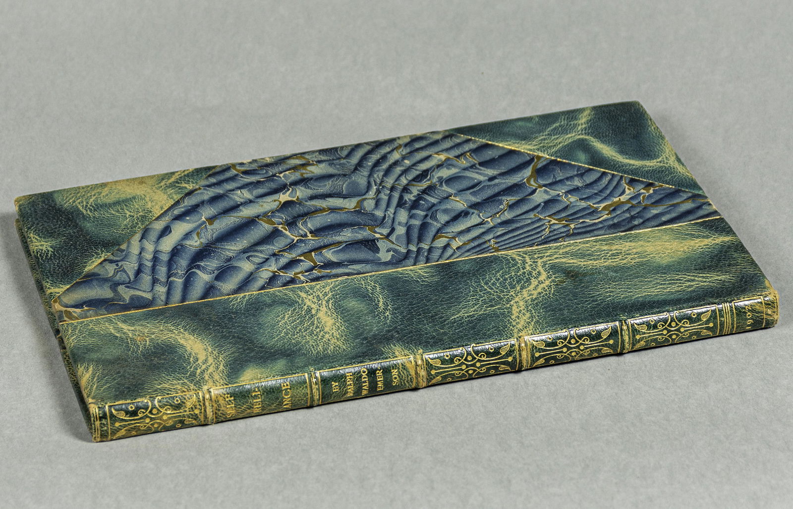 Roycroft Press "Self Reliance" by Emerson, 1902,: "Self Reliance" by Ralph Waldo Emerson, illuminated by Harriet Rabage, printed on Imperial Japan vellum, inscription to Mrs. Brittons by Elbert Hubbard, 100 copies, copy #44, signed by Elbert Hubbad,