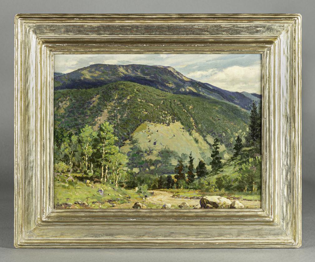 "The Little Mountain Road" by Lewis Hemley Risser: Titled "The Little Mountain Road", likely a view of Baldy Mountain in New Mexico, oil on canvas board, various labels and information to verso, signed lower right, artwork: 12 x 16" frame: 17.25 x 21.