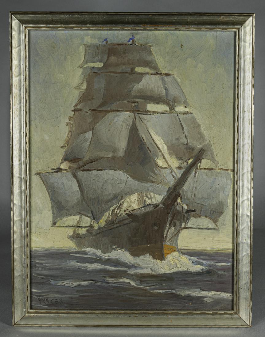 American Illustration of a Clipper Ship signed GRAVES: American, early 20th century, oil on canvas board, original frame, signed lower left, sight: 23.5 x 17" frame: 27 x 20.5"