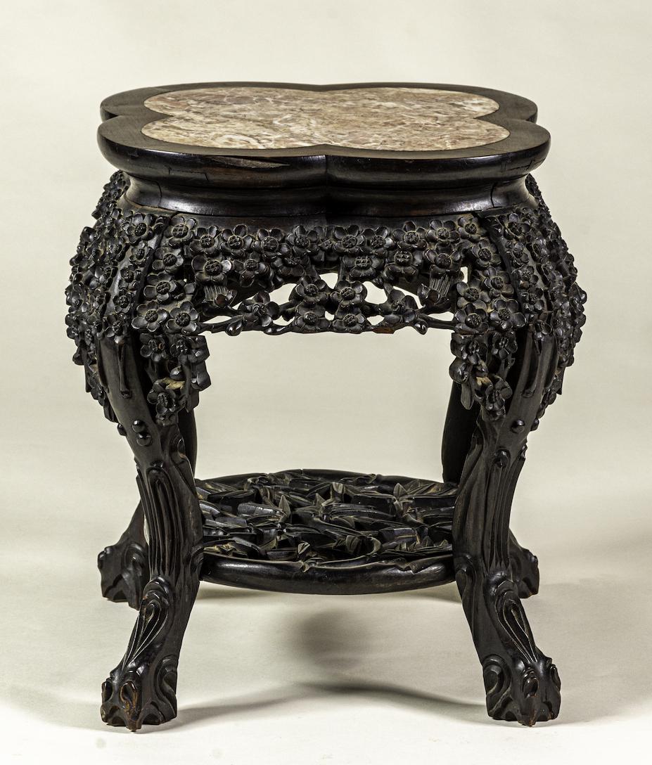 Japanese Carved Rosewood & Marble Side Table: Japan, ca. 1900. Handcarved rosewood featuring bamboo and cherry blossoms framing a marble quatrefoil, 18 x 16 x 16"
