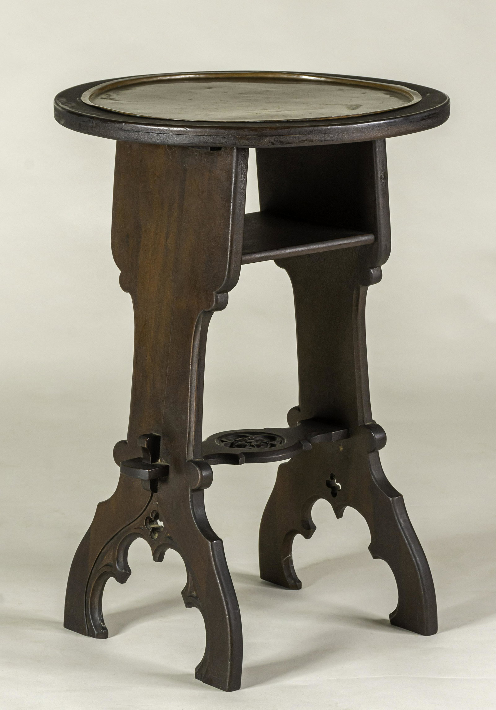 Gothic Arts & Crafts Drink Stand: American, ca. 1915. Carved mahogany gothic work in the manner of Rose Valley with removable hammered copper tray top, labeled "B&S Co." 24 x 16.75"