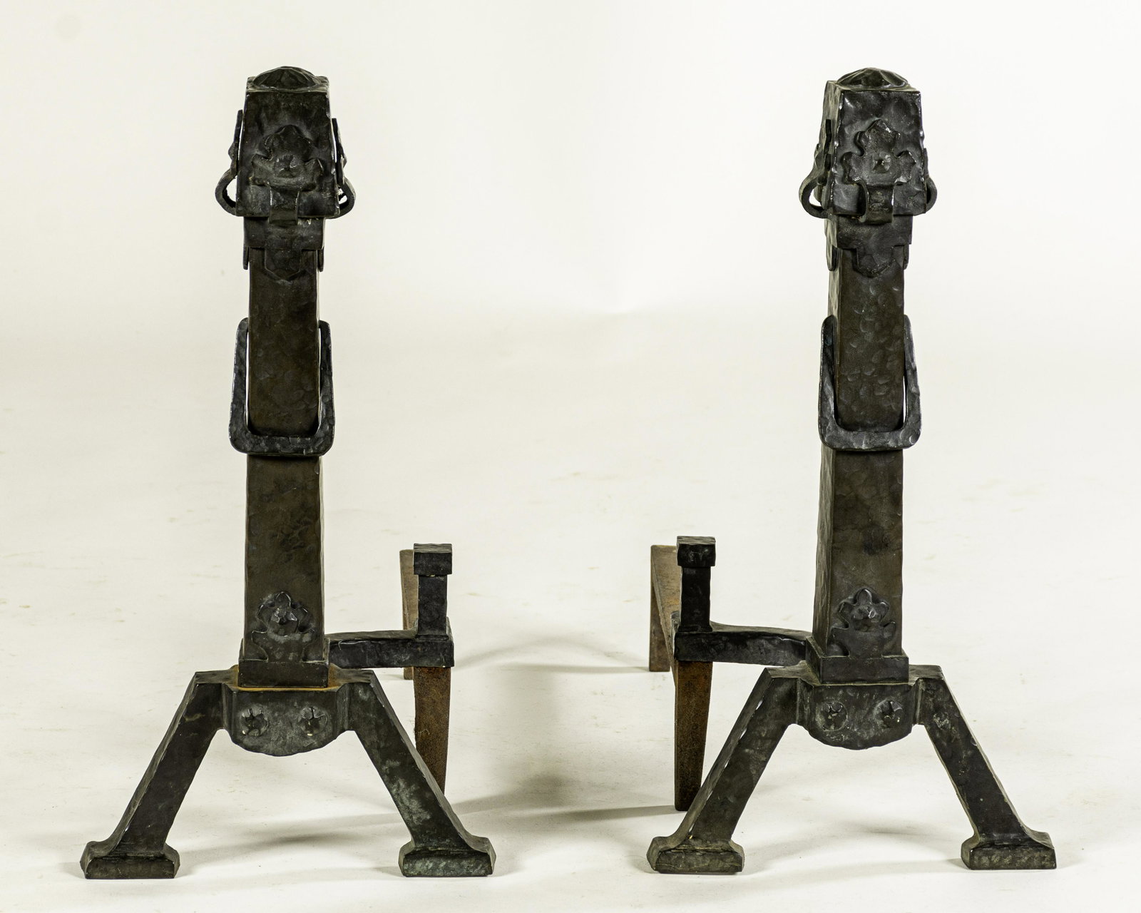 Arts & Crafts Wrought Bronze Andirons (pair): American, ca. 1910. Hand-wrought and stamped 285C, 20 x 10 x 20" each