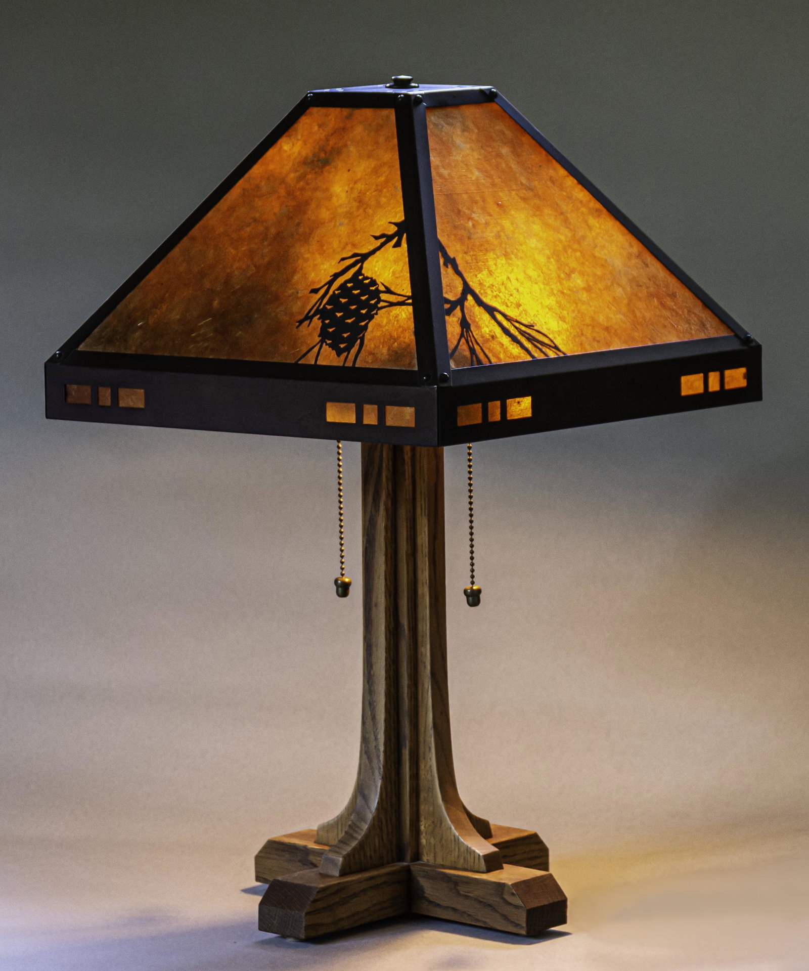 Mica Lamp Company Arts & Crafts Lamp: California, contemporary. Mica shade with copper cutouts on an oak base, signed, 23 x 20"; shade is 14 x 14" square