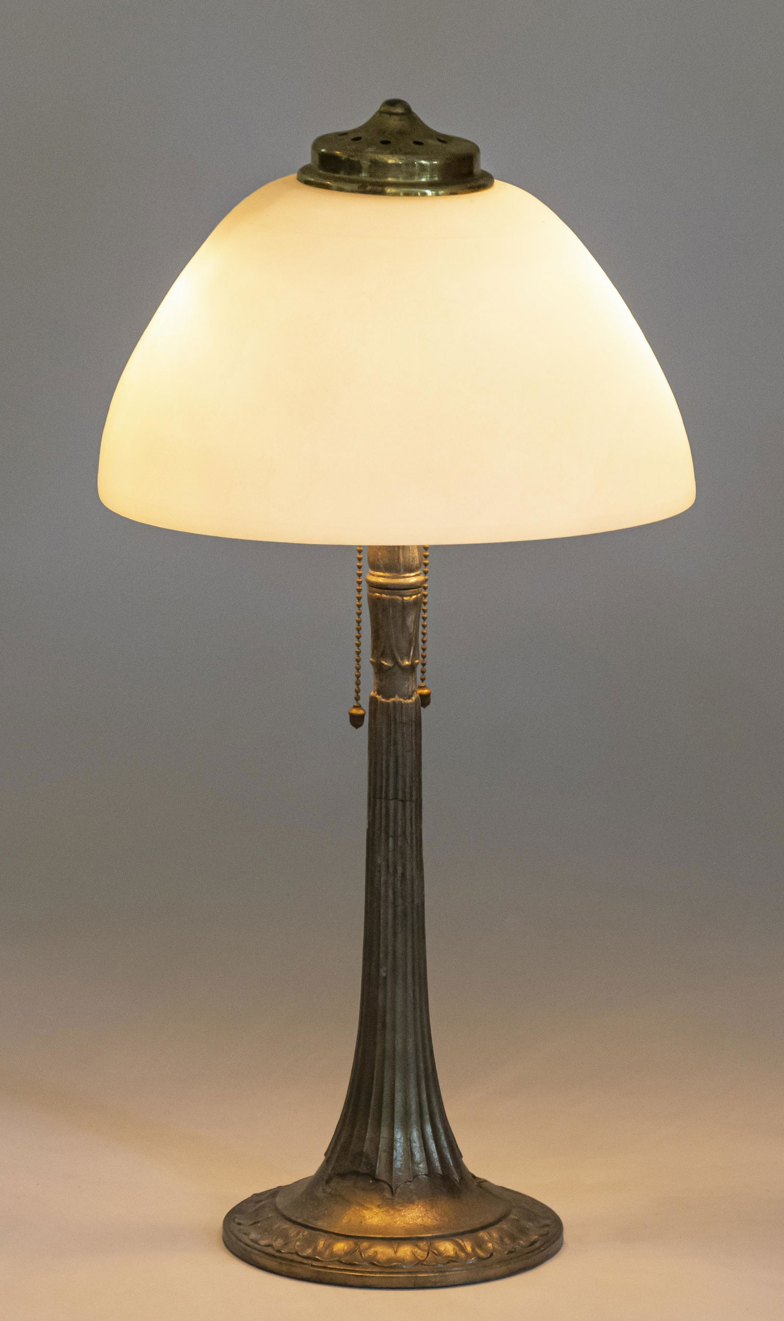 Calcite Art Glass Table Lamp: American, possible Steuben, ca. 1915. Original cast metal base, with subtle etched floral design to shade. 22 x 12" (dia)