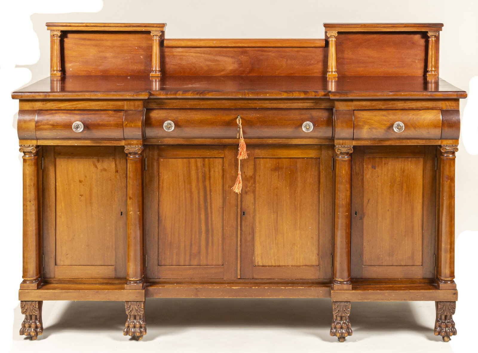 Empire Mahogany Sideboard: American, ca. 1850. With sectioned silverware drawer and sliding bar surface to right side, 52 x 74 x 26'