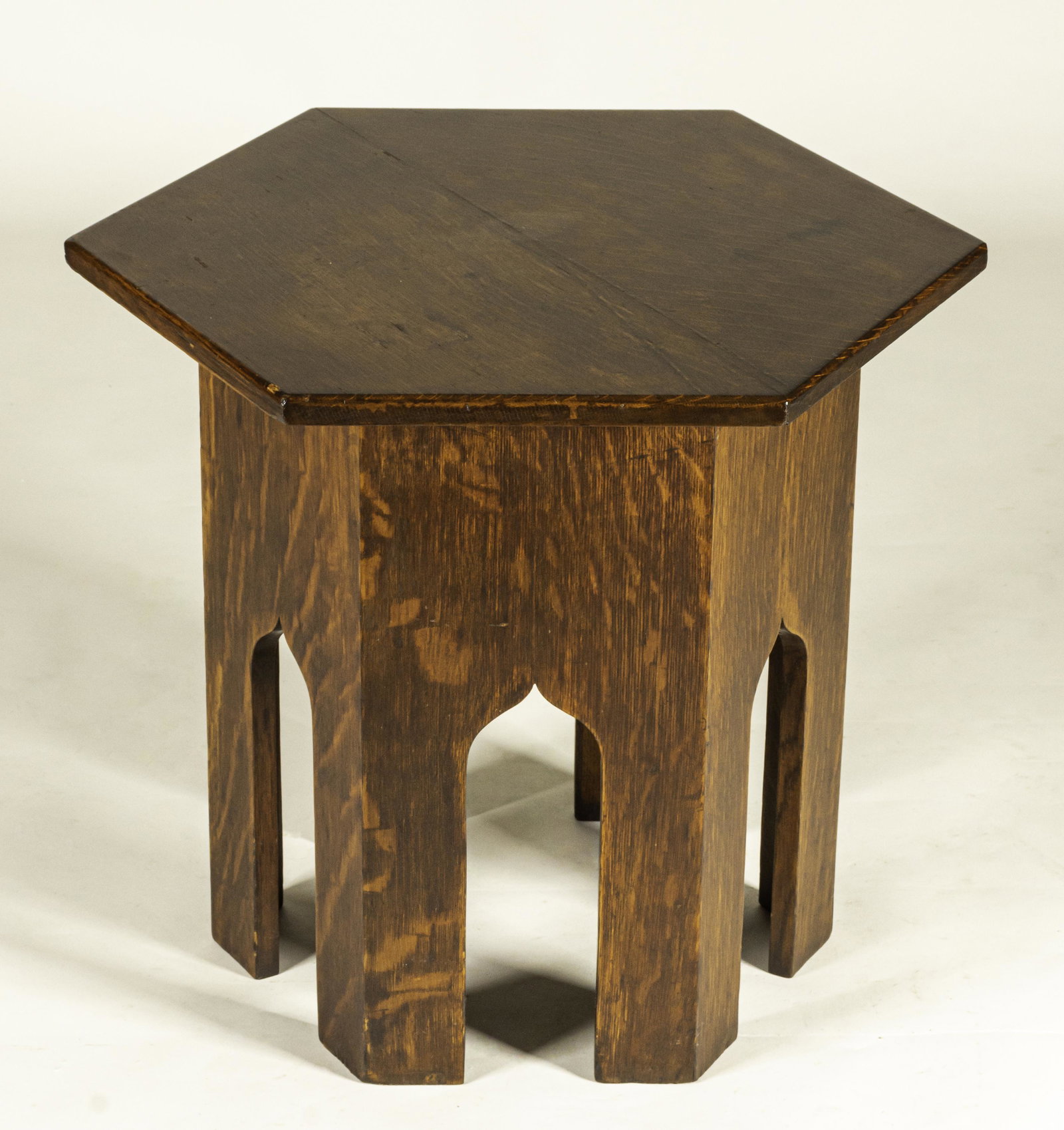 Arts & Crafts Hexagonal Oak Side Table: American, ca. 1900. Quartersawn oak. With Gothic arched legs, 21.5 x 23 x 20"