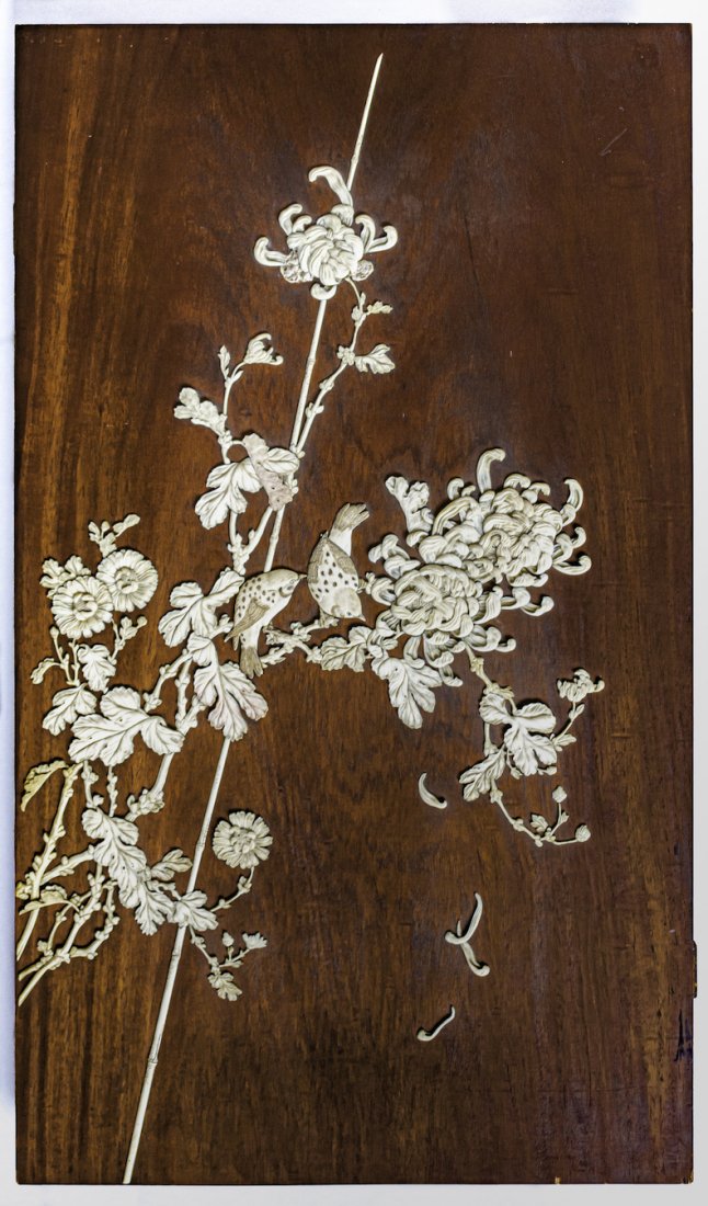 Japanese Shibayama Inlaid Hardwood Panel: Japanese, Meiji Period (1868-1912), inlaid on hardwood, 29.75 x 17.5"