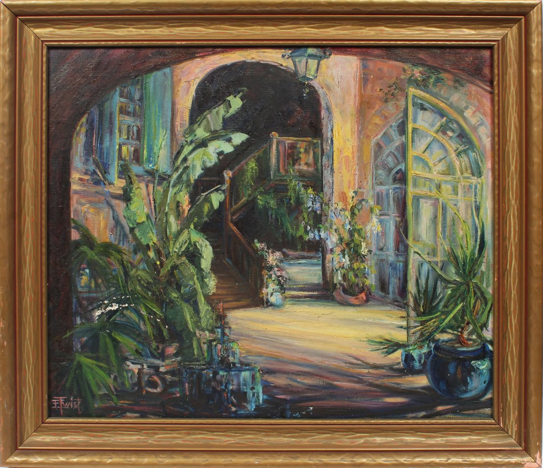 Antique New Orleans Courtyard Signed Early Oil Painting: Antique American impressionist oil painting of a New Orleans courtyard. Finely painted with thick impasto and nice color. The painting is signed illegibly lower left. Wonderful American School scene. 