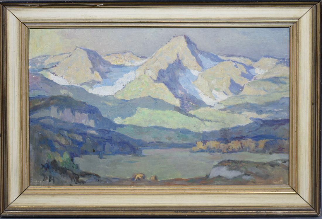 Antique California Mountain Impressionist Landscape: Antique California impressionist landscape painting. Oil on board, circa 1930. Signed. Displayed in a period frame. Image size, 18"L x 12"H.