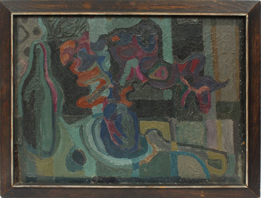 MCM Indian Space Abstract Oil Paintng Attr Peter Busa: Vintage Mid Century Modern abstract "Indian Space" still life attributed to Peter Busa (1914-1985). Oil on board, circa 1950. Unsigned. From an Amherst, NY estate. Image size, 24L x 18H