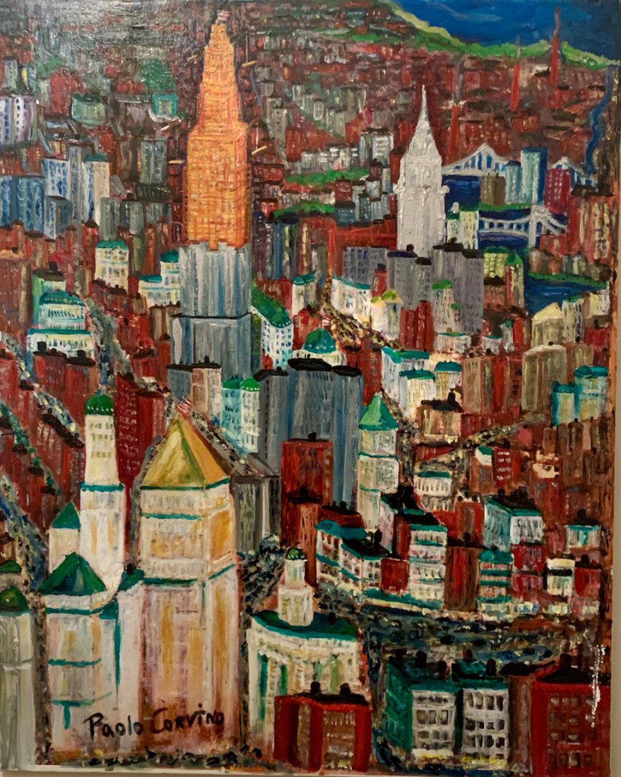 Paolo Corvino American Artist New York City Scene: Oil on canvas, SLL, 30 x 24", Paolo Corvino was born September 20, 1930 in Bronx, New York. He was a professional boxer turned artist. Many of his paintings and sculptures can been seen in public spac