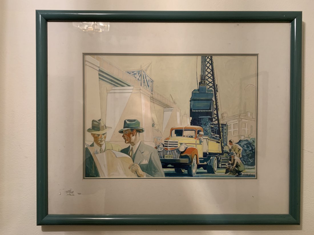 American WPA Era Industrial Scene Illegible Scene: W/C and gouache, SLR, 10 x 15", illegible signature, a well done American Industrial Illustration