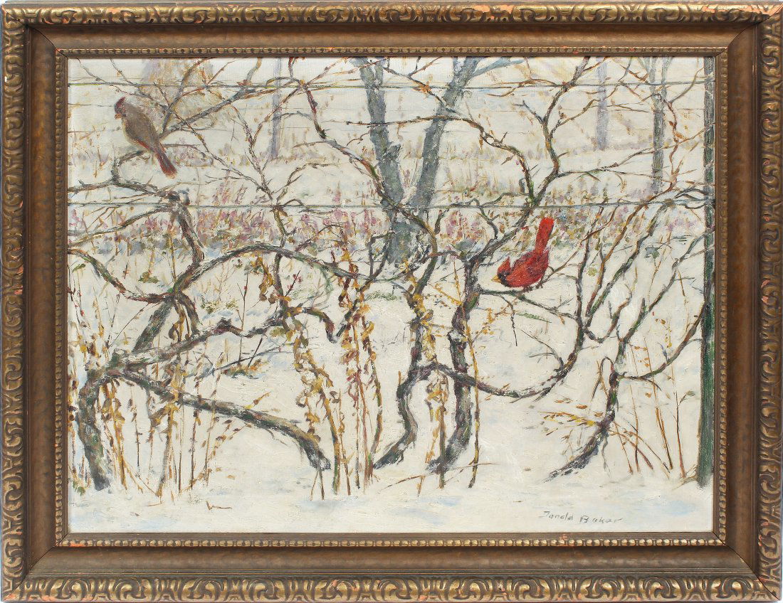 Donald Baker Listed Ohio Winter Snow Bird Oil Painting (1 of 6)