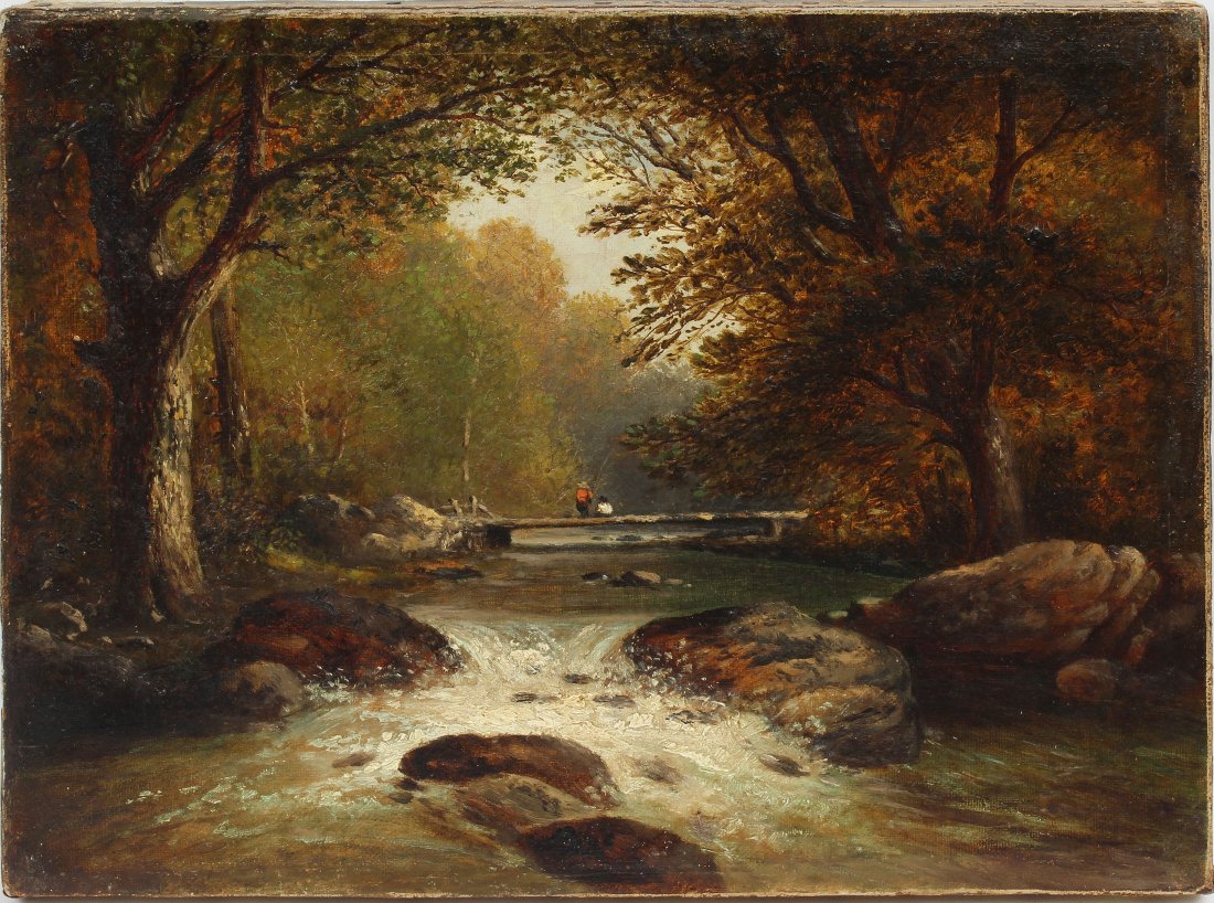 Hudson River School Waterfall Landscape Oil Painting: Antique American landscape oil painting. Oil on canvas, circa 1860. No signature found. Image size 12L x 9H.
