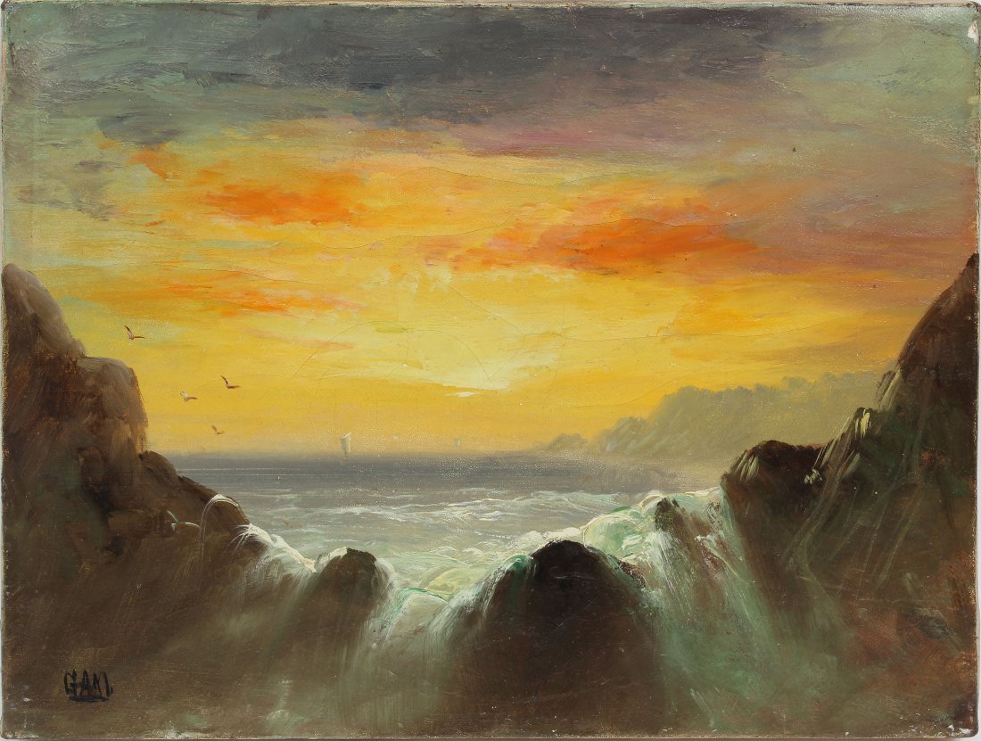 Hudson River School WaterFall Sunset Seascape Painting (1 of 4)