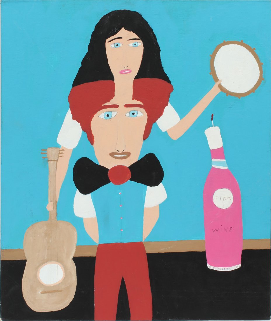 American School Folk Art Portrait Wine Guitar Painting: Signed original folk art portrait painting by Robert Sellers. Oil on board. Unframed. Image size, 16L x 20H.