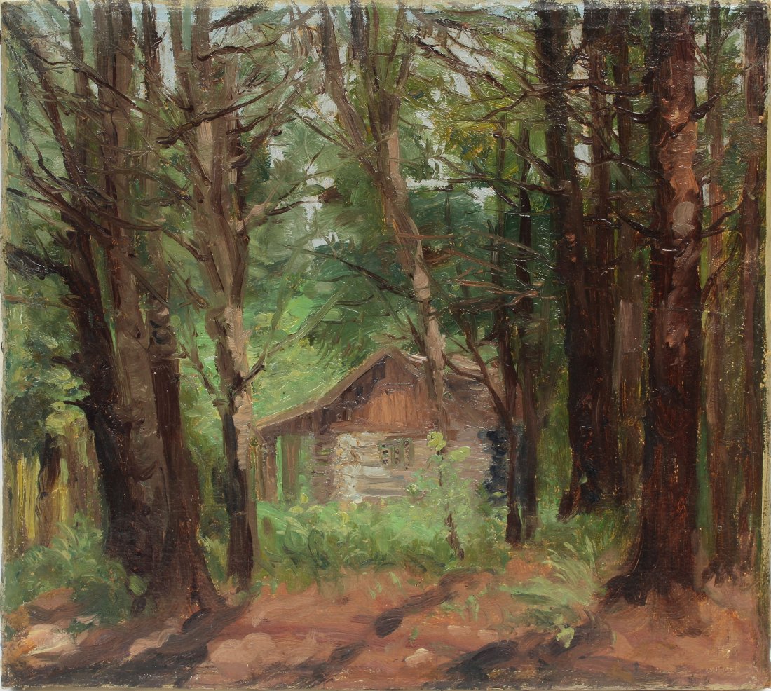 Antique American Impressionist Oil Sketch Tree Painting: Antique American Hudson River School impressionist forest oil painting. Oil on canvas, circa 1900. No signature found. Image size, 12L x 11H.