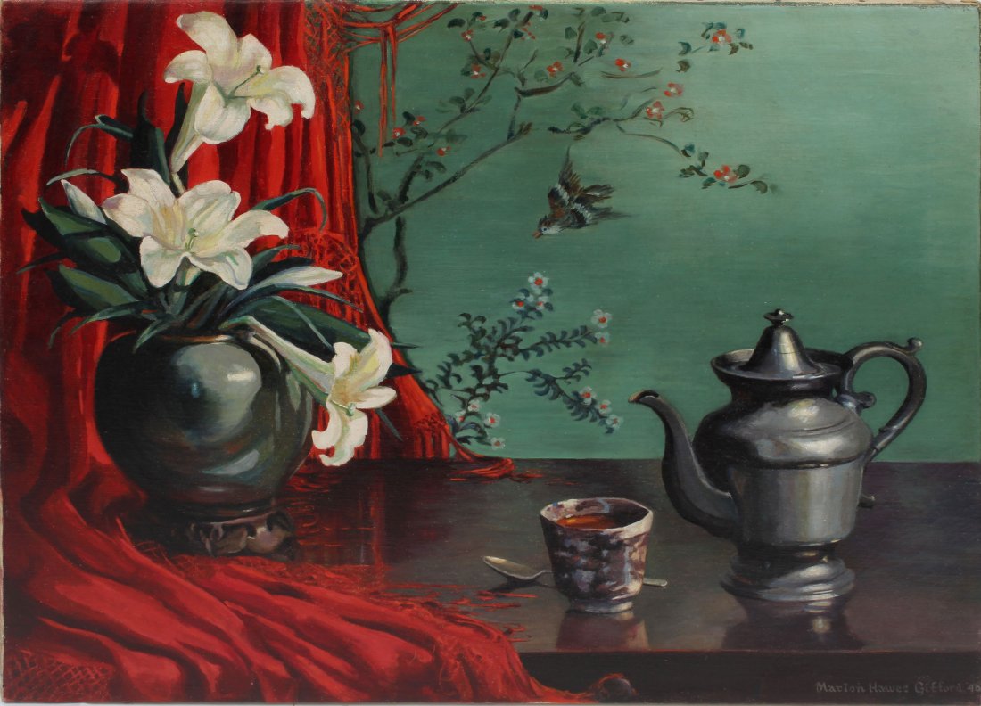 Marion Gifford Signed Female Impressionist Still Life: Antique American female impressionist oil painting by Marion Hawes Gifford. Oil on canvas. Signed. Unframed. Image size 30L x 14H