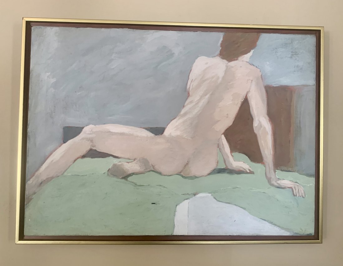 John Hanovsky American Artist Pennsylvania Male Nude: John Hanovsky, O/C, 20 x 28\", Recling Male Nude from the back.John Hanovsky was a graduate of the PAFA and was a Art Teacher in the Bensalem School District for 33 years.