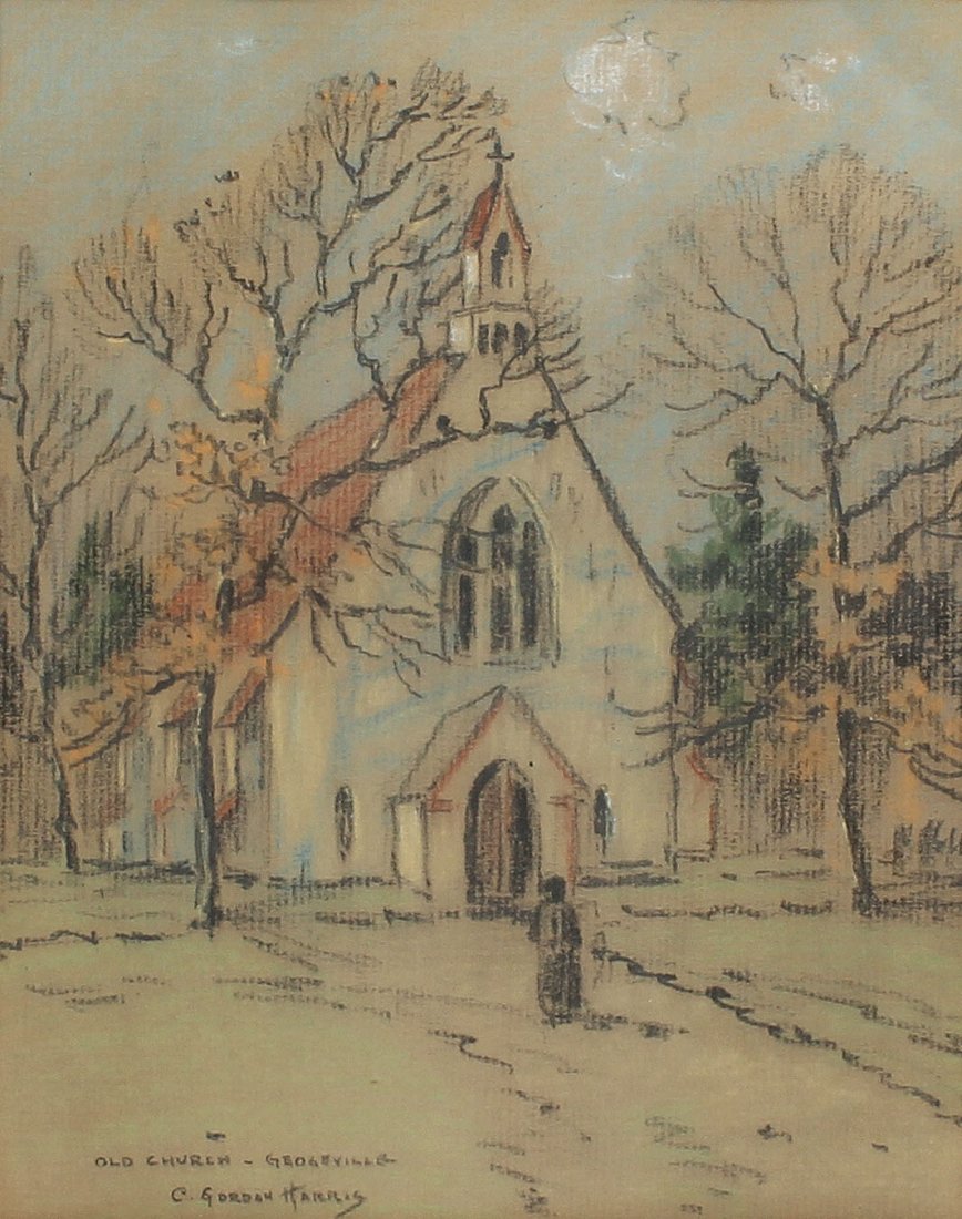 Antique Canadian Signed Impressionist Quebec Painting: Antique watercolor and pastel of Georgeville Quebec by Charles Gordon Harris (1891 - 1963). Signed. Framed. Image size 7L x 9H.