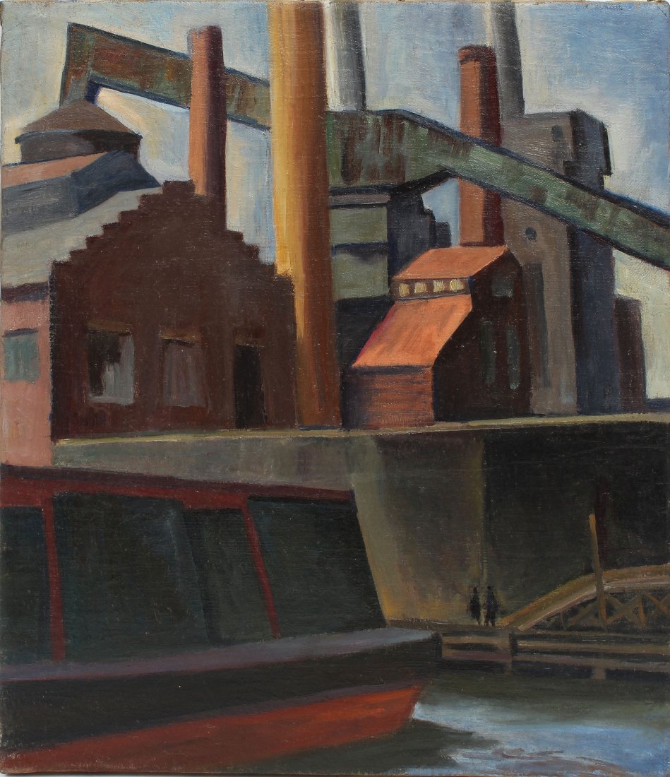 WPA Industrial Factory Waterfront Harbor Oil Painting (1 of 5)