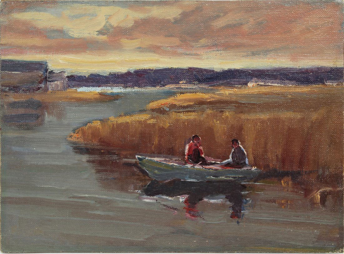 American School Signed Sporting Art Boat Oil Painting (1 of 4)