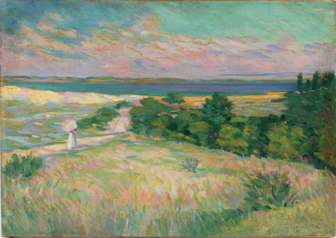 Antique Long Island Impressionist Parasol Oil Painting (1 of 6)