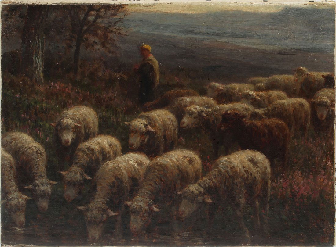 Antique Impressionist Sunset Sheep Grazing Oil Painting (1 of 5)