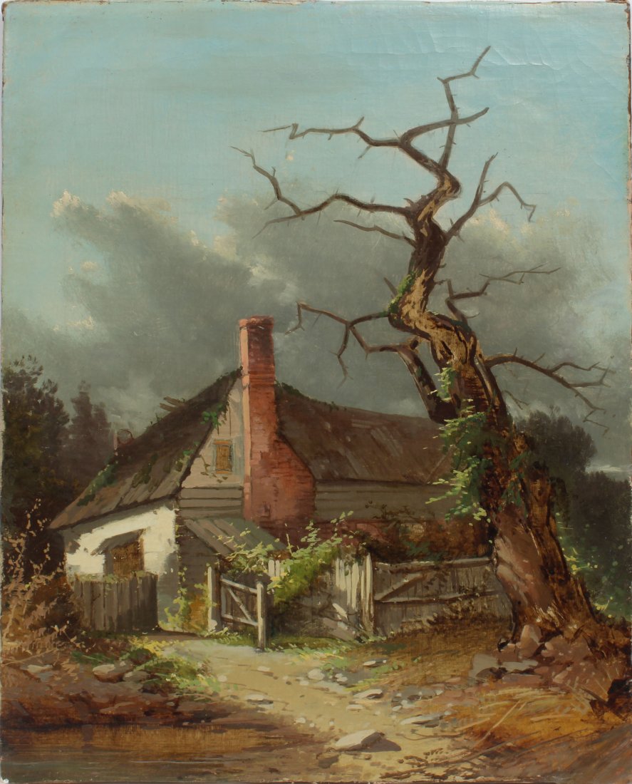 1876 Hudson River School Exhibited Landscape Painting: Antique Hudson River School landscape painting. Oil on canvas. No signature found. Partial label verso with a date 1874. Image size, 14L x 18H.