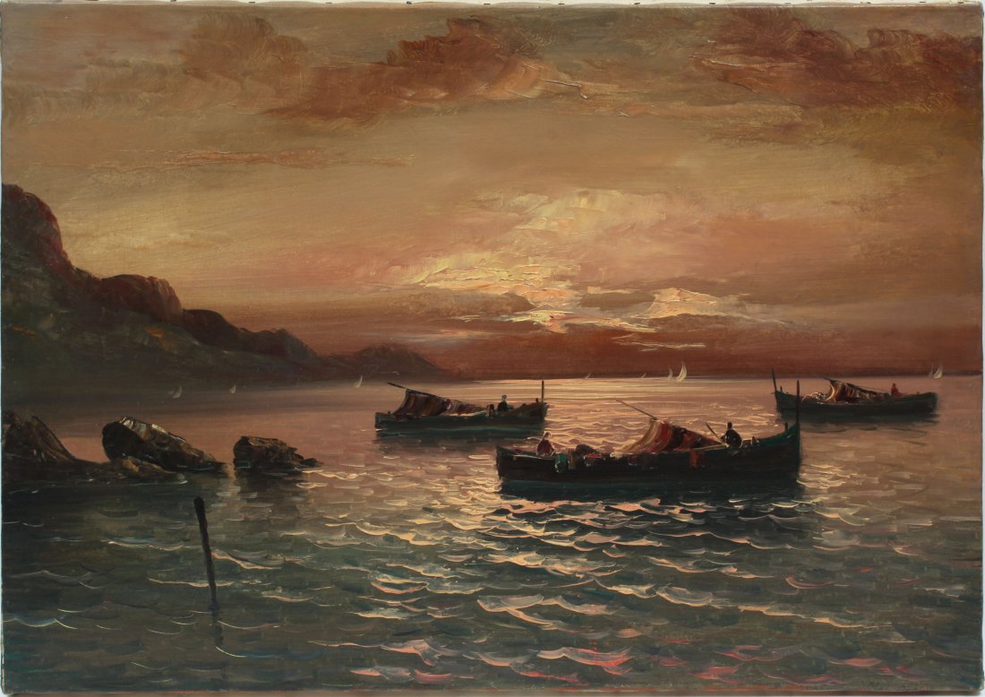Italian Sunset Seascape Amalfi Coast Oil Painting: Vintage Italian impressionist coastal sunset painting. Oil on canvas. Unframed. No signature found. Image size, 32L x 23H.