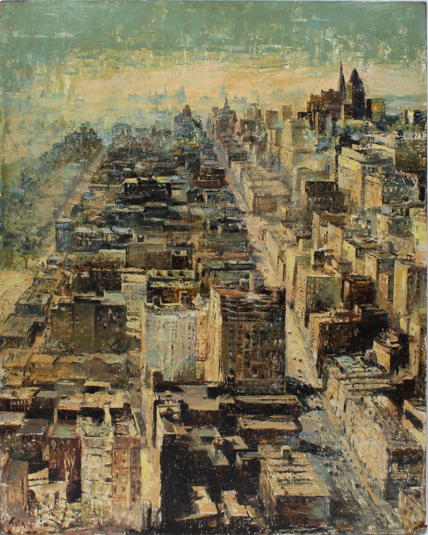 Large American WPA Modernist New York City Oil Painting: Large vintage American modernist cityscape of New York City. Really well painted and impressive in person! Large size with great perspective. Signed illegibly lower left. Unframed. Image size, 29L x 3